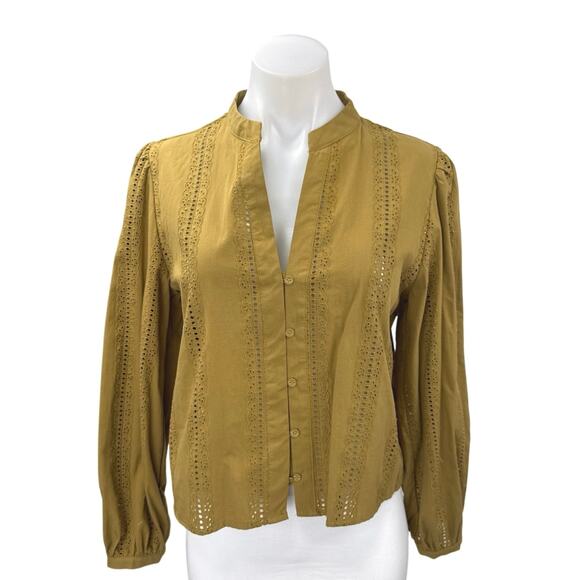 Zara Olive Green Long Sleeve Embroidered Eyelet V Neck Button Up Blouse Top Sz M - Picture 1 of 5